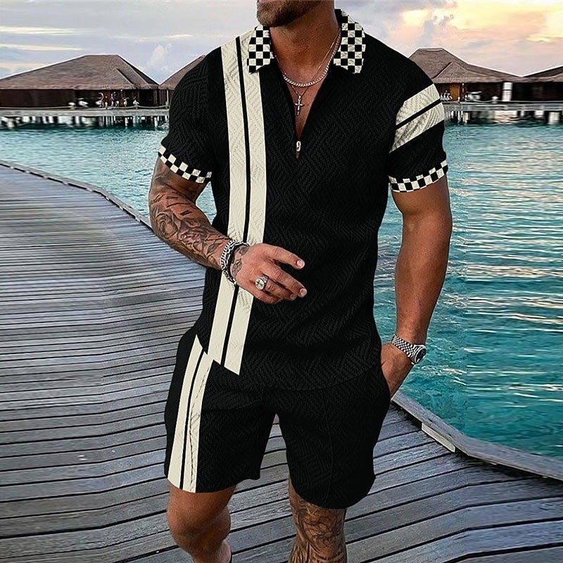 Bărbați Imprimeu Grafic Geometrie Tricou POLO Cămașă de golf Set polo Manșon scurt Cămașă Răsfrânt Stradă Casual Caisă Negru Alb Fermoar Imprimeu Îmbrăcăminte Modă Designer Casual Respirabil 2025 - $31.99 –P1