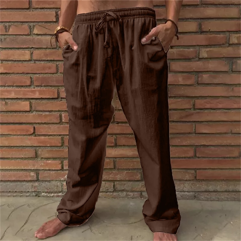 Herr Linne Byxor Långbyxor Sommarbyxor Strandbyxor Snörning Elastisk midja Rakt ben Slät Komfort Utomhus Ledigt Dagligen Streetwear Stylish Brun Kaki 2025 - $22.99 –P8