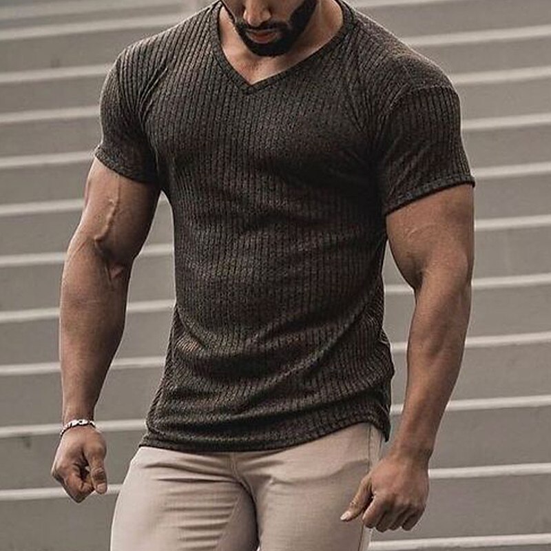 Herren T Shirt Geripptes Strick-T-Shirt T-Shirt Kurze Ärmel V Ausschnitt Sommer Einfach Designer Basic Moderne zeitgenössische Urlaub Straße Ausgehen Schwarz Weiß Kaffee Top T-Shirt für Herren 2025 - $17.99 –P1