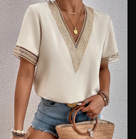 Damen Weiße Elegante Spitzen Tops Loch Bluse T-Shirt Burgunder Tee Schlichte Reguläre Tops Kurze Ärmel V-Ausschnitt Reguläre Passform Täglich Wochenende Romantische Petite Tops Sommer Urlaub Trag 2025 - $16.99 –P1