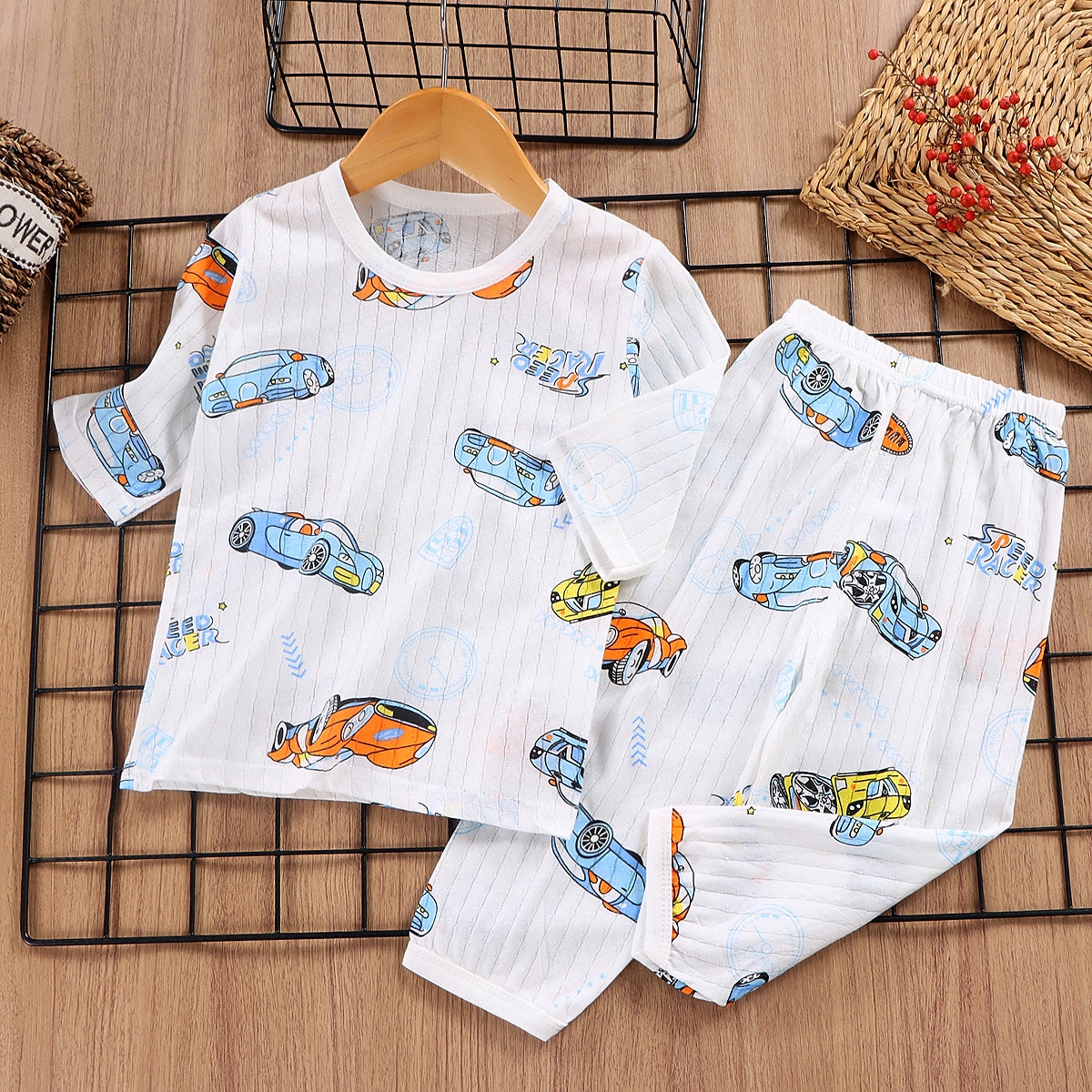 Conjuntos de pijama de 2 piezas para niños, manga 3/4, manga 3/4, manga tres cuartos, diseño de oso cereza, manga tres cuartos, conejo morado, dibujos animados, cuello redondo, verano, primavera, uso diario, hogar, 3-7 años 2025 - $11.99 –P7