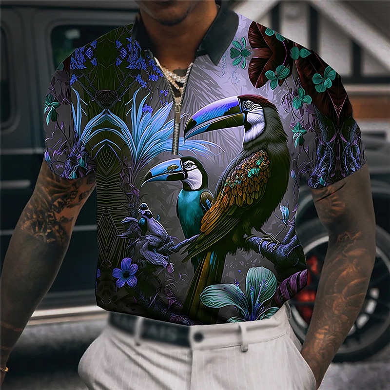 Men's Hawaiian Shirt Bird And Flower Print Short Sleeve Turn Down