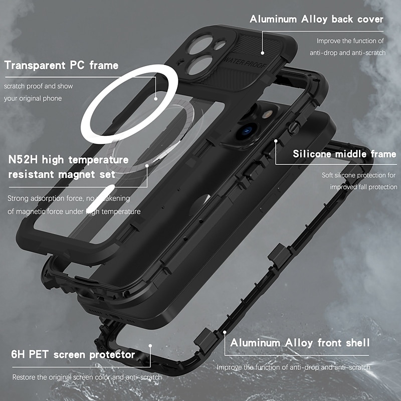 2025年 電話 ケース 用途 iPhone 17 Pro Max 17 Air 16 15 14 Pro Max Plus 13 Pro Max ヘビーデューティー 防水ケース マグセーフ搭載 全身保護 ワイヤレス充電をサポート リストストラップ付き アルミニウム合金 PC シリコーン コレクション – $37.99 –P4