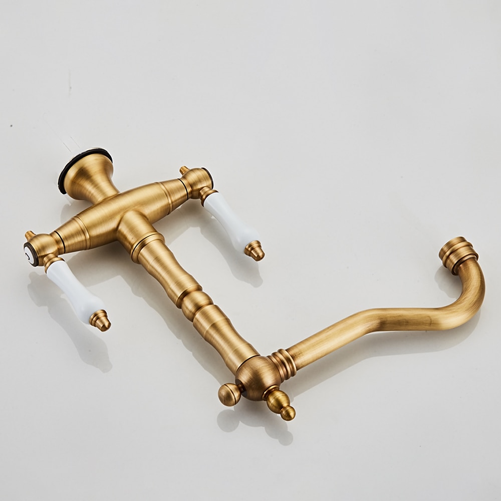 Twin Lever Traditional Kitchen Sink Mixer Taps, Dual Lever Cold and Hot Faucet Deck Mounted, 360° Swivel Spout Sink Tap with 2 Ceramic Handles, Antique Brass Classic Double Handle for Kitchen Bathroom 2025 - $113.99 –P15