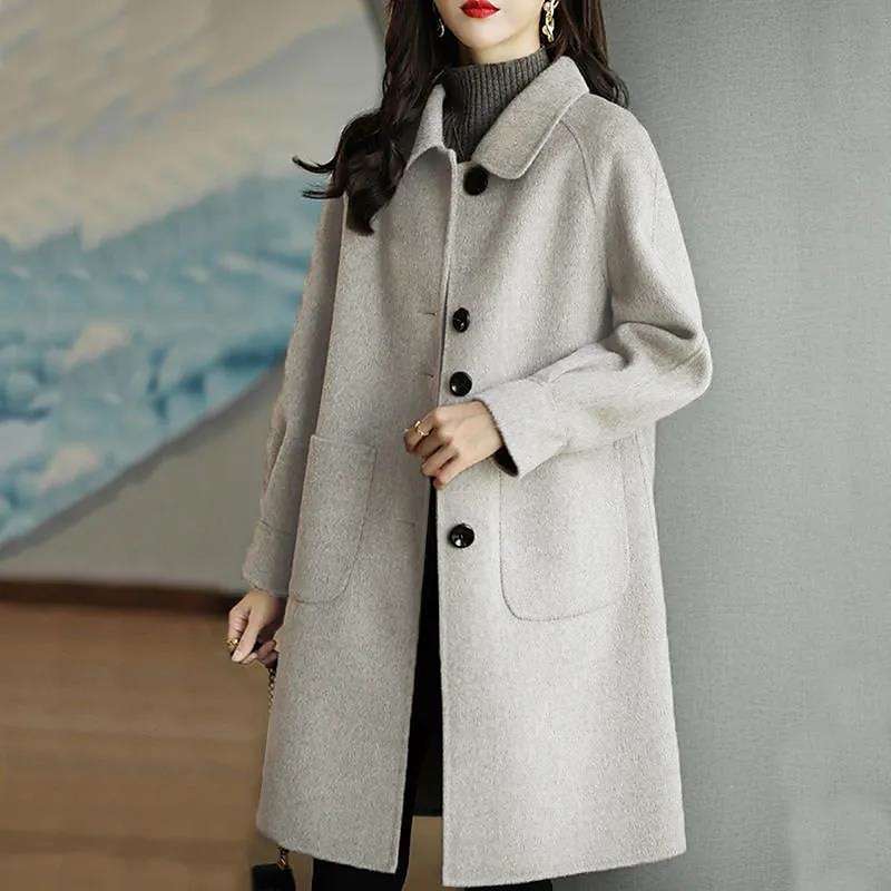 Women's Winter Coat Long Overcoat Single Breasted Lapel Pea Coat Thermal Warm Windproof Trench Coat with Pockets Elegant Outerwear Fall Outerwear Long Sleeve Gray Black 2023 - US $31.99 –P4