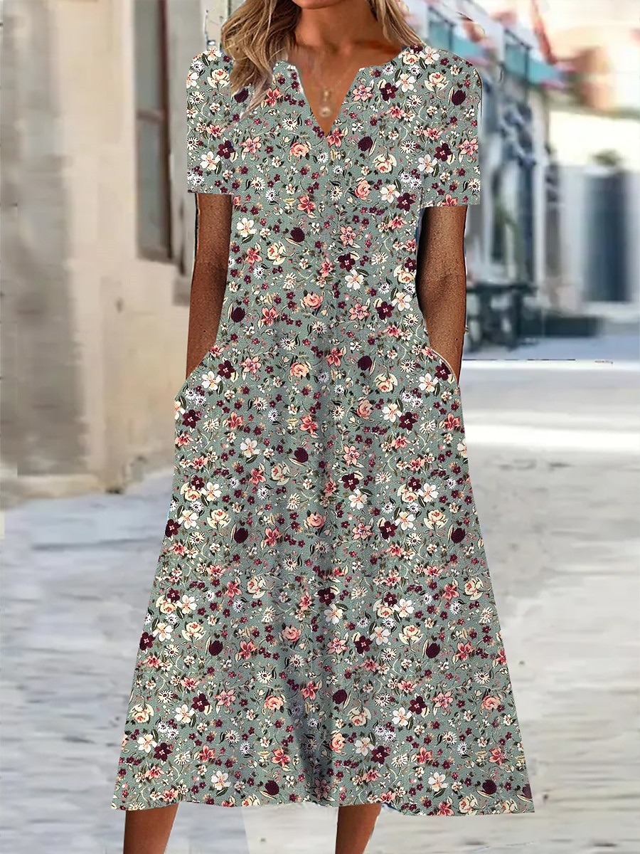 Per donna Abito Midi Abito a Tubino Abito Estivo Abito Stampato Attivo Moda Streetwear All'aperto Vacanza Data Vestibilità regolare Floreale Manica Corta Scollo a V Blu Verde Grigio Estate Primavera del 2025 a $36.99 –P3