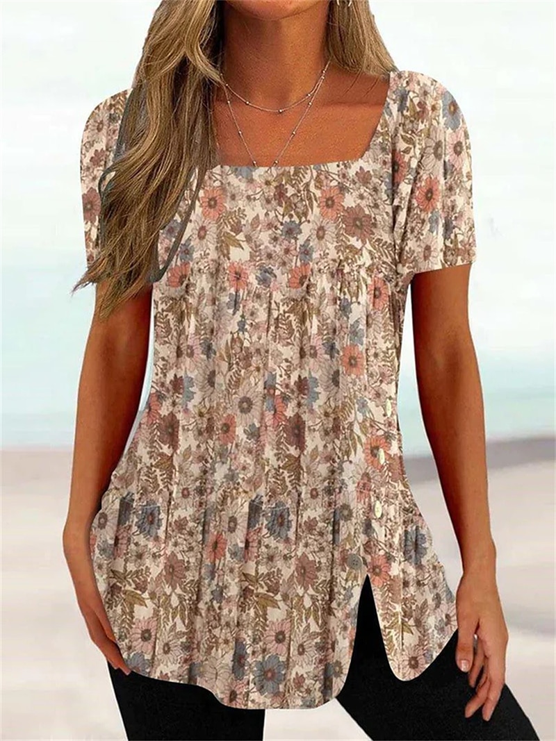 Camiseta de mujer de talla grande, túnica básica con estampado floral a rayas, manga corta, cuello cuadrado, informal, para vacaciones, negra, blanca, rosa, violeta, gris oscuro 2026 - $24.99 –P7