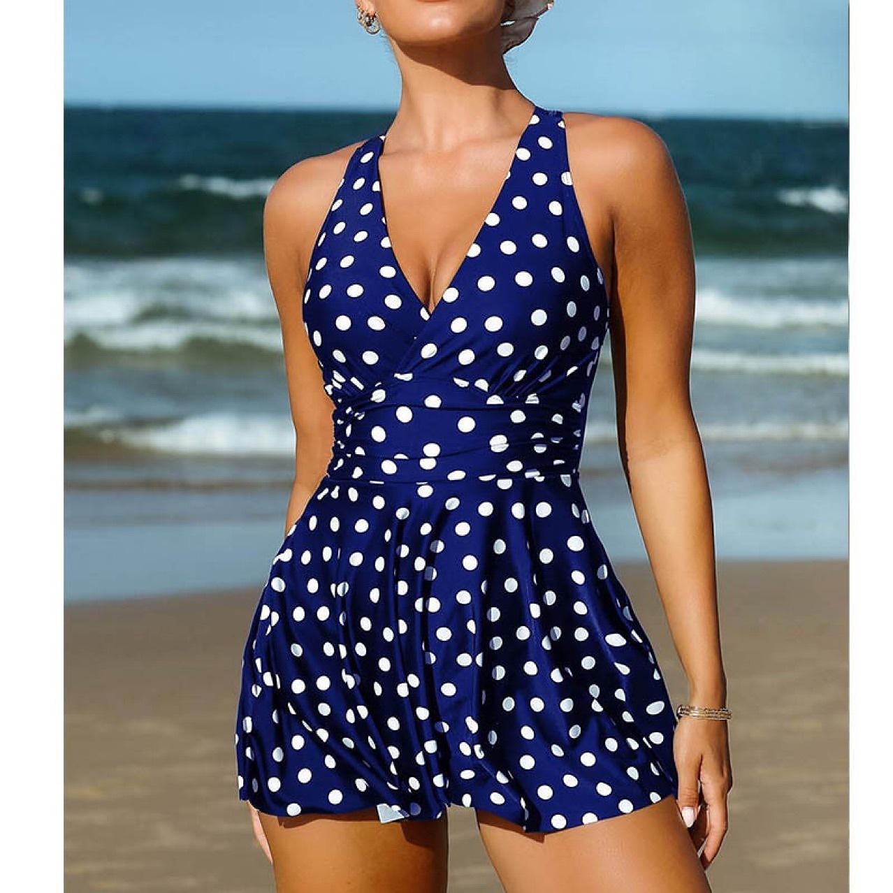 1 pcs Badkläder One-piece Baddräkter Retro / vintage Femtiotal Dam Prickig Polyester Svart Blå Klänning 2025 - $30.99 –P7