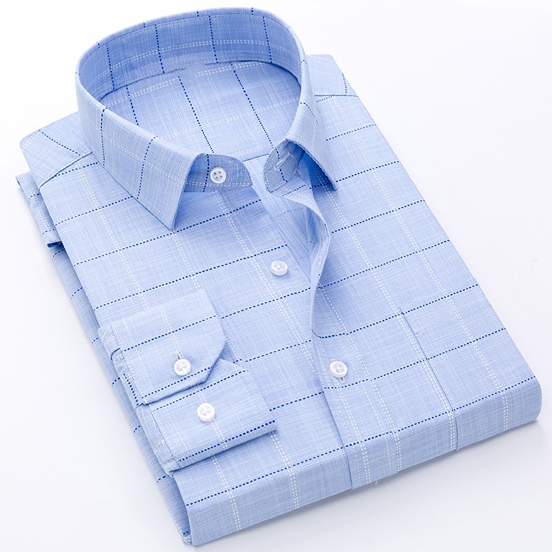Hombre Camisa Camisa para Vestido Plaid Boda Oficina y carrera Bleu Ciel Azul Azul cielo Púrpula Claro Manga Larga Cuello Vuelto Primavera & Otoño Ropa Estampado 2025 - $22.99 –P4