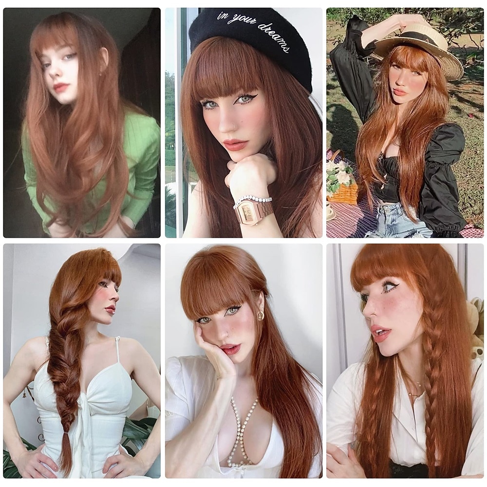Long Auburn Wig with Bangs Layered Curly Orange Wigs for Women Natural Synthetic Wigs for Daily Use 2025 - $34.99 –P6
