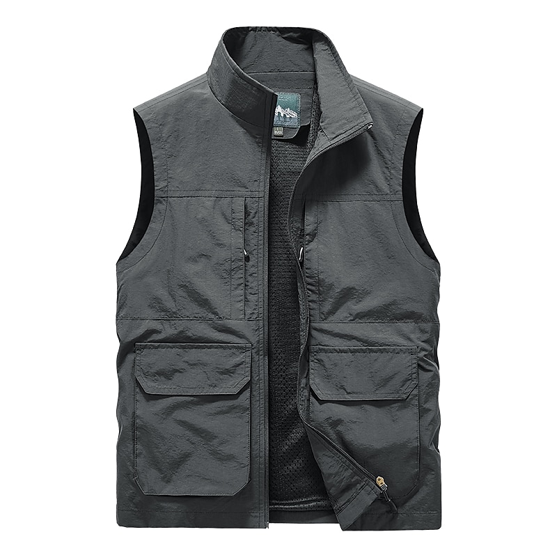 Men's Fishing Vest Sleeveless Vest Outdoor Modern Contemporary All Seasons Multi Pocket Chinlon Outdoor Solid / Plain Color Zipper Standing Collar Standard Fit Black ash-colored khaki Army Green Vest 2025 - $36.99 –P5