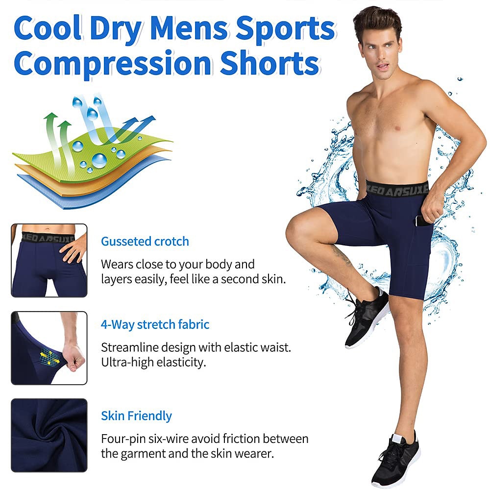 Mens Compression Running Shorts with Pockets Sports Man Gym Fitness  Training Short Pants Quick Dry Jogging Trunks Elastic Tights