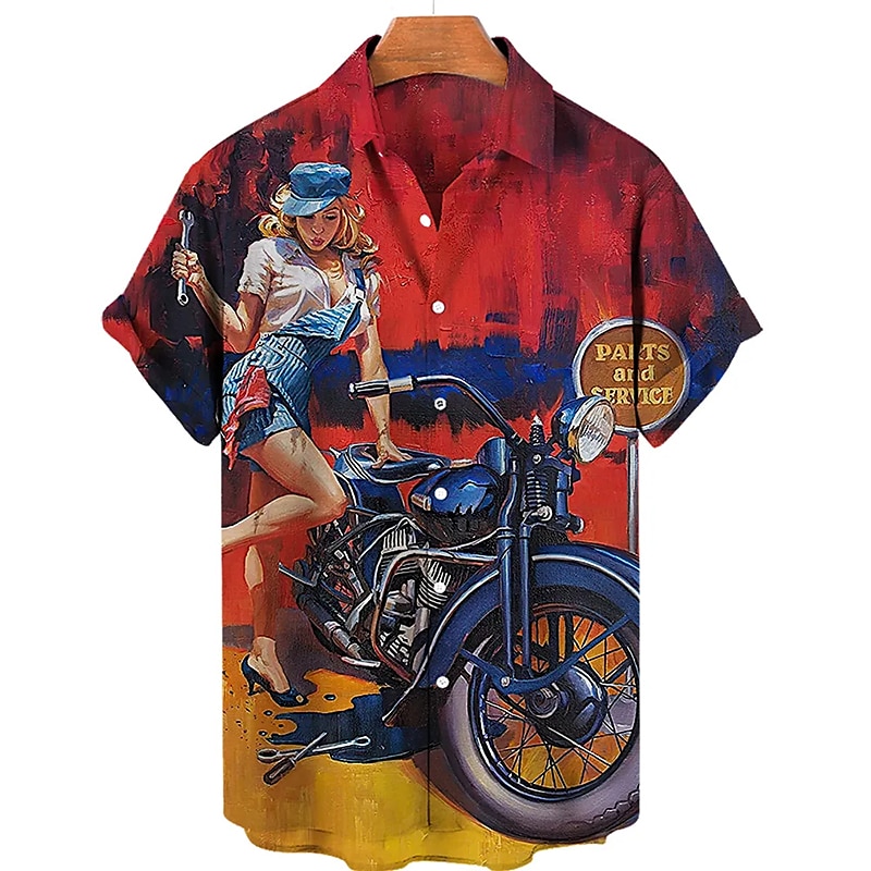 Pánské Písmeno Motor Pin Up Girl Košile Havajská košile Aloha košile Krátké rukávy Košile Přehnutý Vinobraní Tropický vzhled Módní ulice Ležérní Havajské Světle žlutá Černá Žlutá S M L 2025 - $24.99 –P5