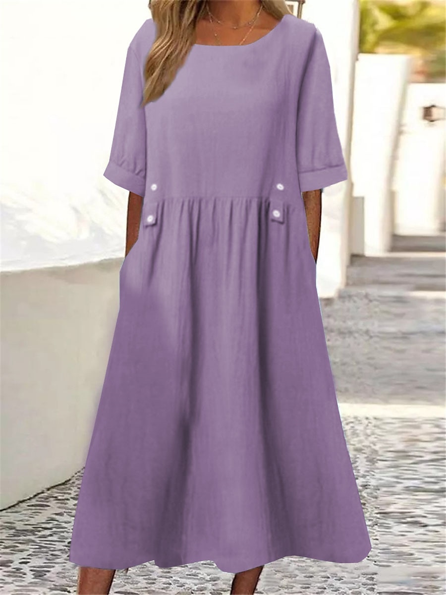 Women's White Purple Green Summer Midi Dress Linen-Inspired Dresses Smock Dress Solid Basic Casual Daily Loose Fit Crew Neck 2025 - $26.99 –P4