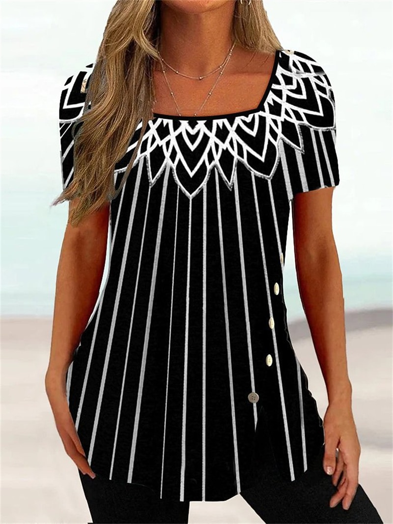 Camiseta de mujer de talla grande, túnica básica con estampado floral a rayas, manga corta, cuello cuadrado, informal, para vacaciones, negra, blanca, rosa, violeta, gris oscuro 2026 - $24.99 –P3
