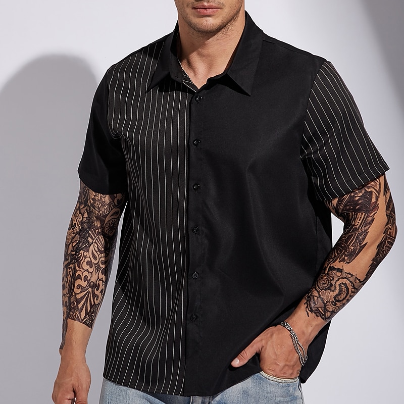 Men's Striped Shirt Casual Shirt Button Up Shirt Short Sleeve Shirt Turndown Outdoor Vacation Black Plus Size Clothing Apparel Modern Style Retro Vintage 2025 - $22.99 –P3