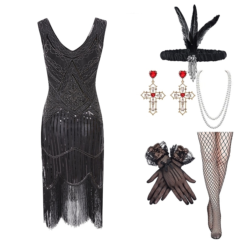 Φόρεμα gatsby flapper της δεκαετίας του 1920 με σετ αξεσουάρ της δεκαετίας του 20 γυναικείες παγιέτες κοστούμι με φούντα κρόσσια ρετρό vintage cosplay party & βραδινό κοκτέιλ φόρεμα 2025 - $58.99 –P9