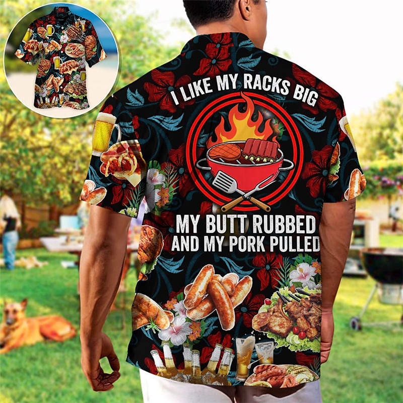 Męskie Jedzenie Litera Grill Koszula Koszula hawajska Koszula Aloha Krótki rękaw Koszula Kubański kołnierz Sport Moda Moda miejska Na zewnątrz Codzienny Hawajskie Czerwony Zielony S M L 2025 - $24.99 –P3