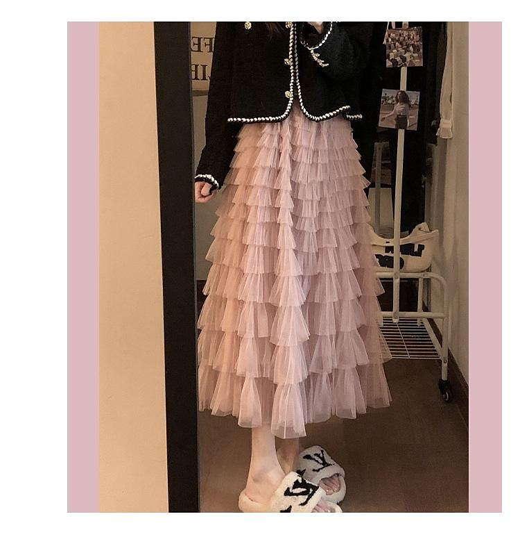 trompeta / sirenă de damă fustă lungă fuste maxi cu volane tul culoare uni vacanță casual zilnic primăvară & vara tul vara negru alb roz kaki 2025 - $31.99 –P7