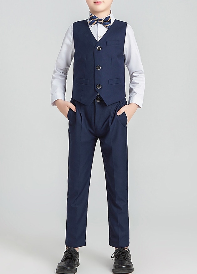 4 Pieces 5 Pieces Ring Bearer Suit Boys Kids Toddler Suit Formal Suit Suit & Blazer Suit Vest Jacket & Pants Formal Anniversary Party Back to School Fashion Gentle Solid Color Black Navy Blue Cotton 2025 - $69.99 –P11