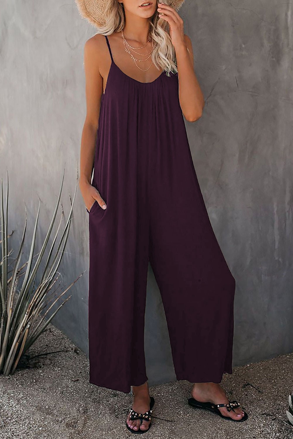 női jumpsuit egyszínű v nyak ünnepnapi kirándulás széles lábszár laza spagetti pántos khaki 3xl nyári 2025 - $24.99 –P8