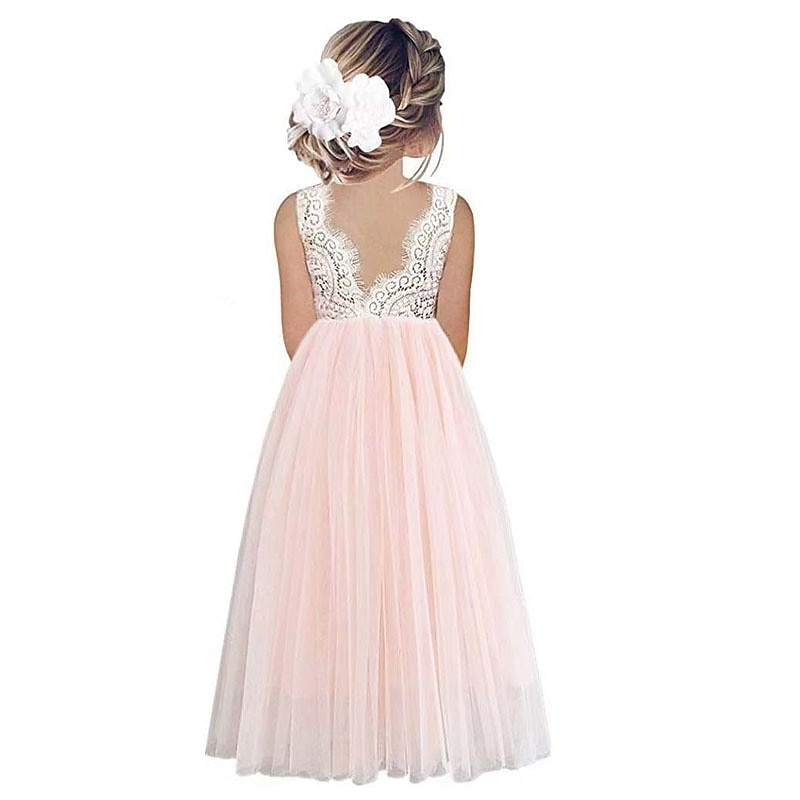 Blumenmädchenkleid Mädchen Party Kleid Leistung Hochzeit Party Prinzessin Süß Gitter Feste Farbe Ärmellos Rundhalsausschnitt Weiß Rosa 2-12 Jahre 2025 - $34.99 –P9