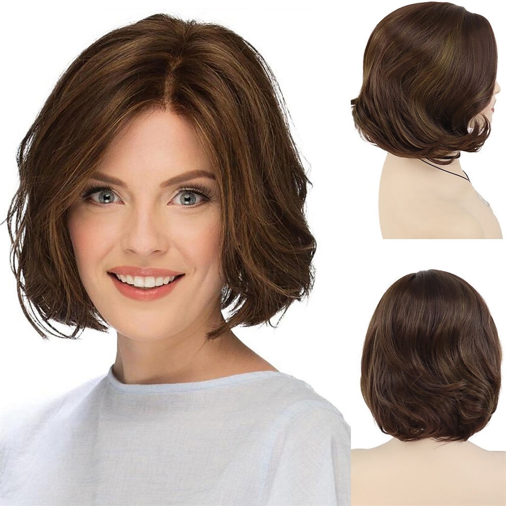 dames korte pruiken synthetisch haar mix bruin kapsel krullende pruiken bob mama pruik natuurlijke highlight pruiken met pony aan de zijkant 2025 - $21.99 –P1