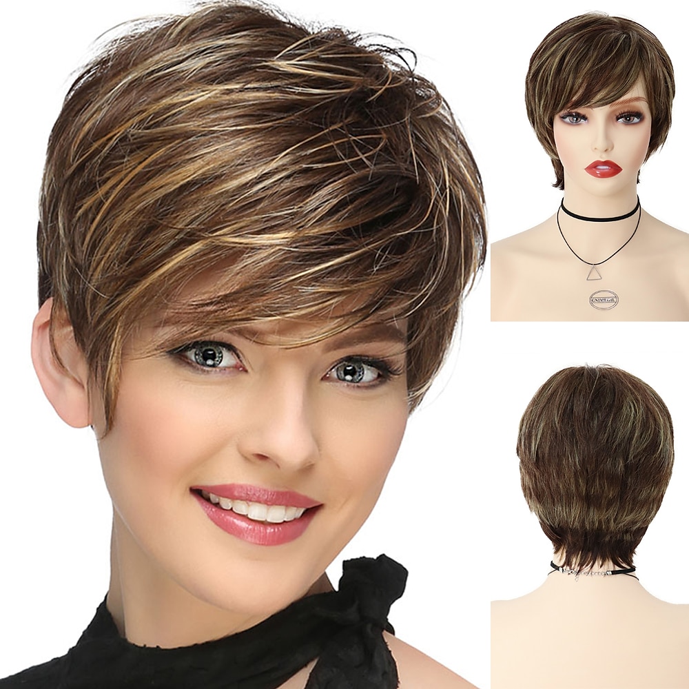capelli sintetici parrucche corte parrucca biondo platino con frangia parrucche da donna per donne acconciature naturali vendita cuffia per parrucca gratis del 2025 a $21.99 –P4