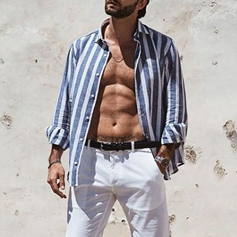 Herren Hemd Sommerhemd Lässiges Hemd Strandhemd Knopfhemd Gestreifte Hemden Rosa Blau Langarm Streifen Kargen Urlaub Täglich Bekleidung Baumwolle Baumwollmischung Modisch Brautkleider schlicht 2025 - $23.99 –P1