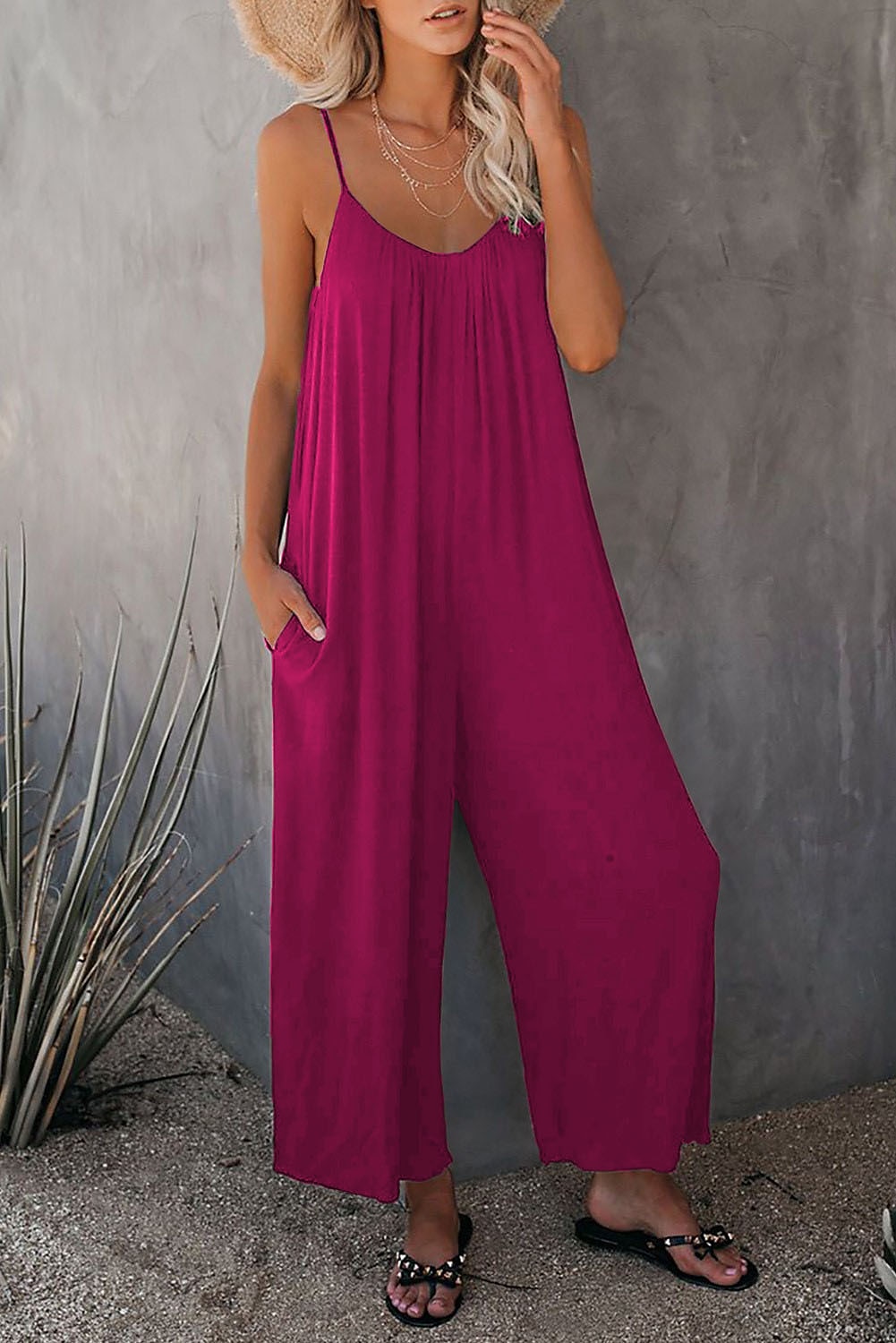 női jumpsuit egyszínű v nyak ünnepnapi kirándulás széles lábszár laza spagetti pántos khaki 3xl nyári 2025 - $24.99 –P7