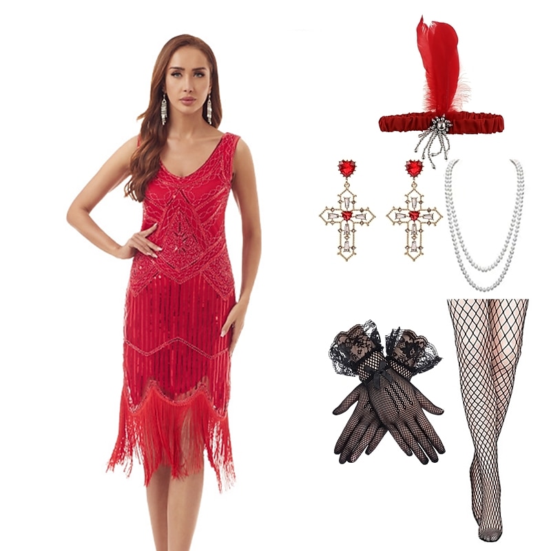 Φόρεμα gatsby flapper της δεκαετίας του 1920 με σετ αξεσουάρ της δεκαετίας του 20 γυναικείες παγιέτες κοστούμι με φούντα κρόσσια ρετρό vintage cosplay party & βραδινό κοκτέιλ φόρεμα 2025 - $58.99 –P6