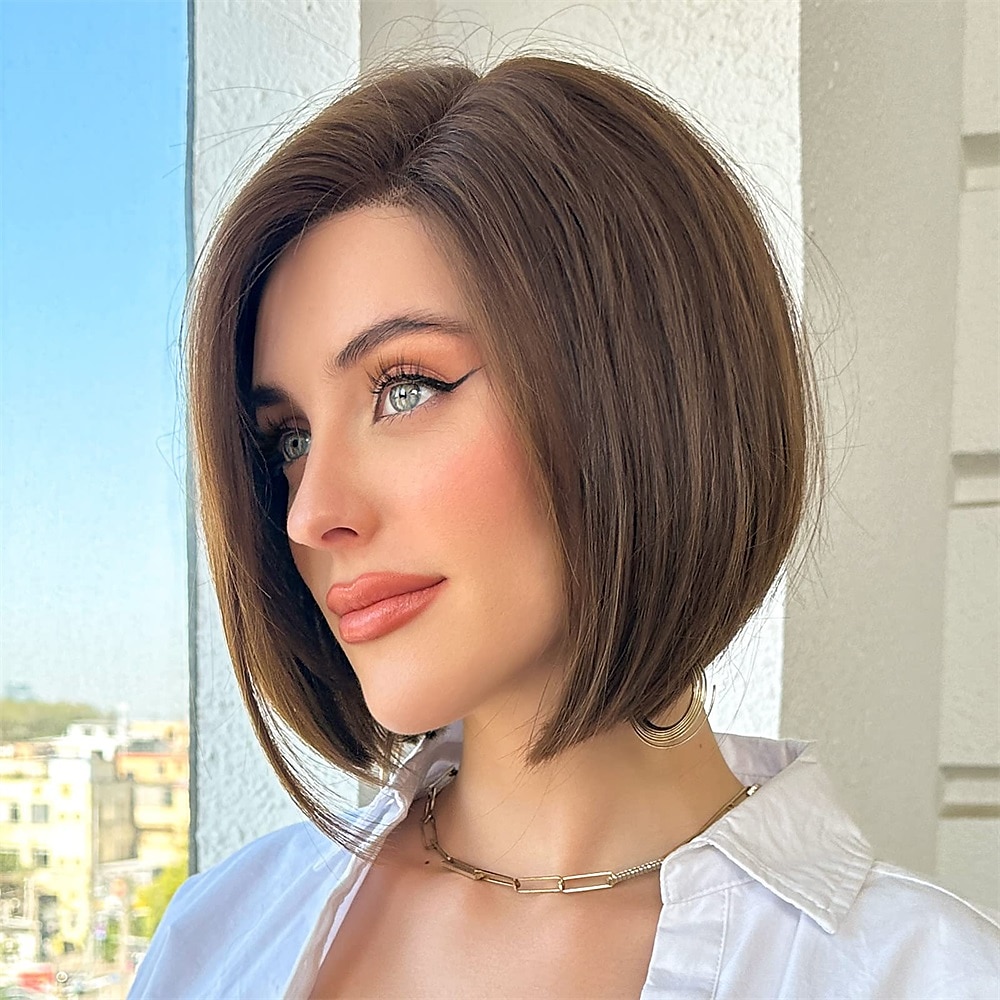 parrucche marroni per donna parrucca diritta in pizzo sintetico lunghezza spalla caschetto con riga laterale con capelli del bambino del 2025 a $24.99 –P8
