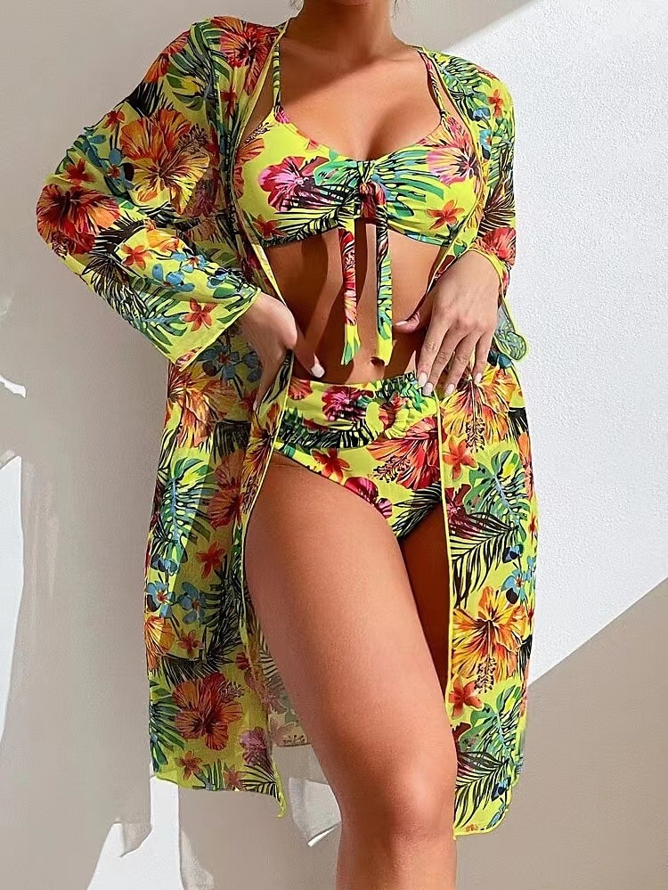 Women's Swimwear Bikini Normal Swimsuit 3-Piece Printing Floral White Yellow Blue Gray Bathing Suits Sports Beach Wear Push Up 2023 - AED 120 –P10