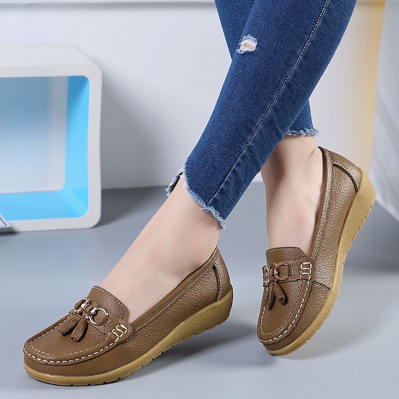 Dame Flate sko Slip-Ons Store størrelser Klassiske Loafers Myke sko Arbeid Daglig Vandring Helfarge Sommer Flat hæl Kvadratisk Tå Fritid minimalisme Fuskelær PU Tøfler Lyseblå Vin Svart 2025 - $29.99 –P2