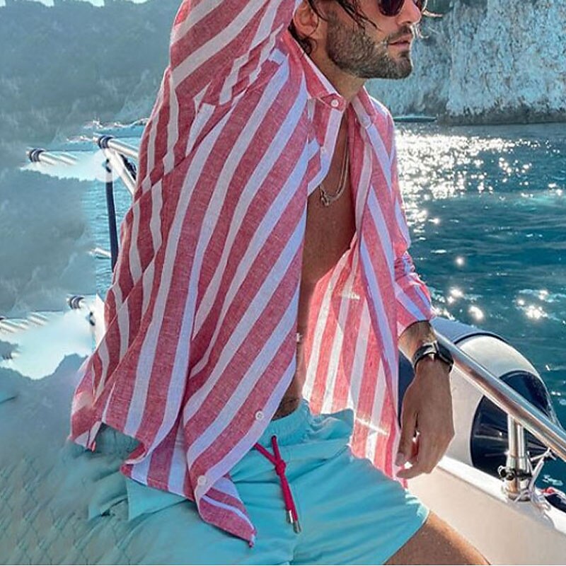 Herren Hemd Sommerhemd Lässiges Hemd Strandhemd Knopfhemd Gestreifte Hemden Rosa Blau Langarm Streifen Kargen Urlaub Täglich Bekleidung Baumwolle Baumwollmischung Modisch Brautkleider schlicht 2025 - $23.99 –P5