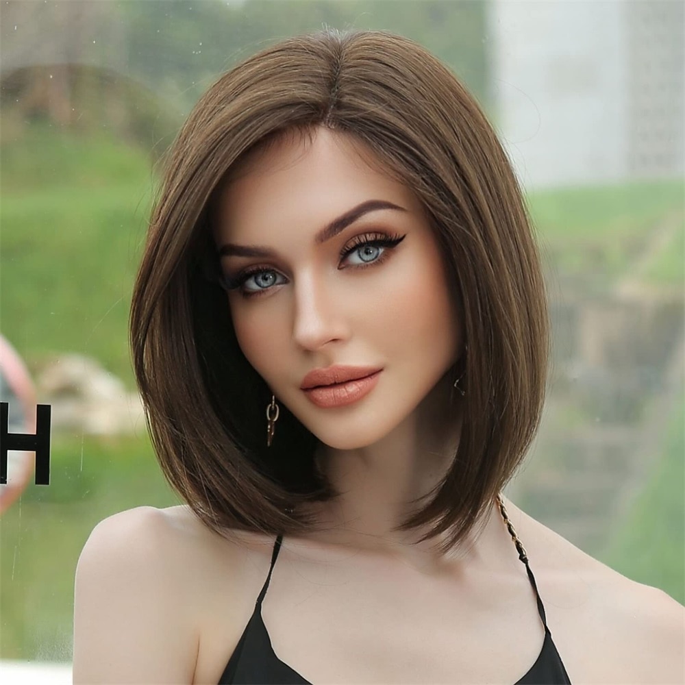 parrucche marroni per donna parrucca diritta in pizzo sintetico lunghezza spalla caschetto con riga laterale con capelli del bambino del 2025 a $24.99 –P3