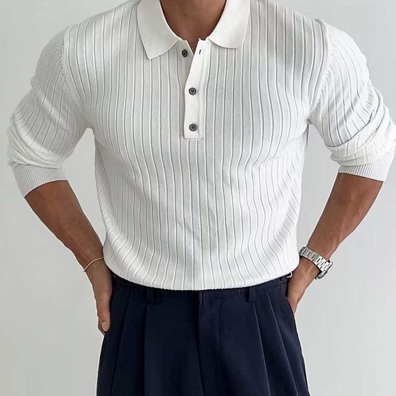 Voor heren gebreide polo Casual Feestdagen Revers Knoop Lange mouw Modieus Modern Effen nappi Zomer Zwart Wit Bruin gebreide polo 2025 - $30.99 –P1