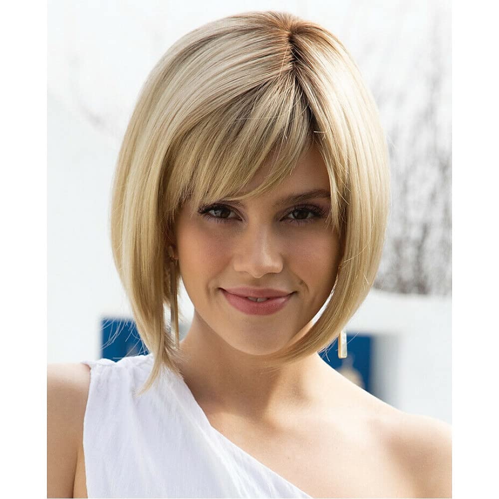 parrucca corta da pixie bob con riflessi biondi con frangia parrucca sintetica bionda ombre dritta con parrucche bionde a strati di radici scure per le donne del 2025 a $20.99 –P15