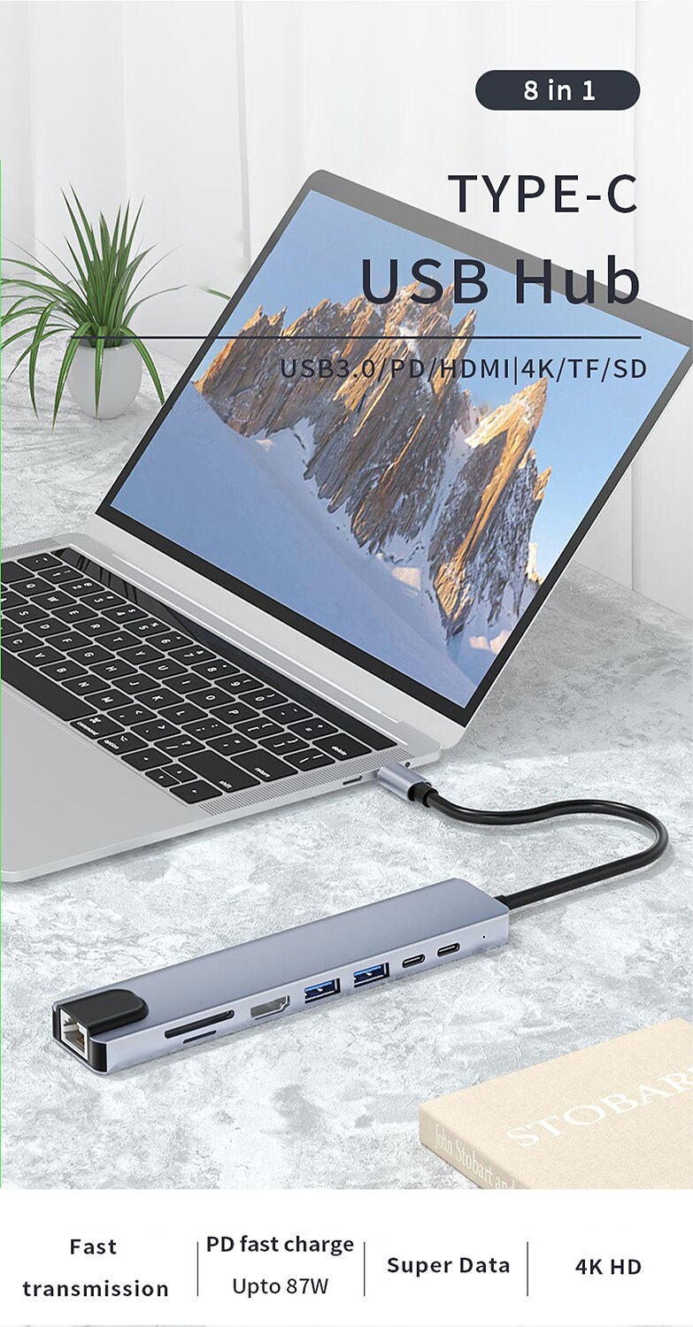 док-станция usb type c usb c hub 3.0 адаптер 8 в 1 hdmi устройство чтения карт памяти sd/tf для macbook air ipad периферийные устройства для портативных компьютеров 2025 - CAD $32.23 –P1