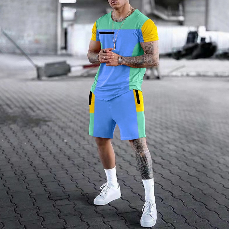 Men's Graphic Color Block 2pcs Tees sets Shorts and T Shirt Set T-Shirt Outfits Short Sleeve Crew Neck Designer Casual Comfortable Outdoor Vacation Daily 3D Print 2 Piece Spring & Summer Black White 2025 - $25.99 –P5