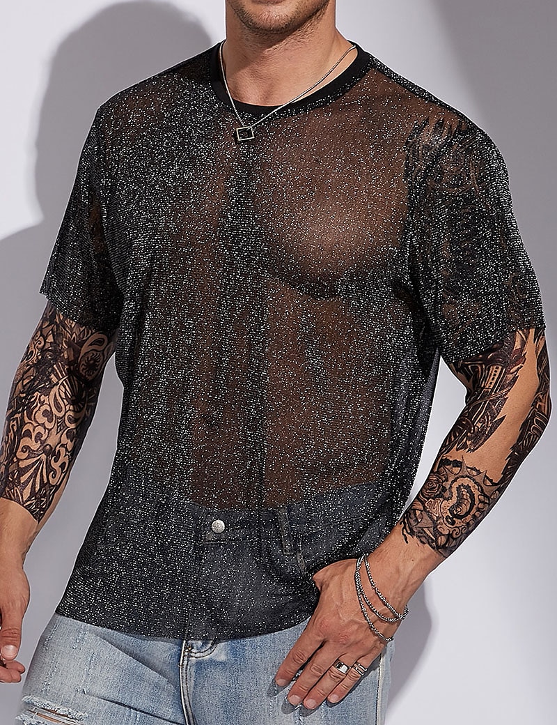Herren T Shirt Männer Solid Glitter T-Shirt T-Shirt Kurzarm Rundhalsausschnitt Sommer Einfach Designer Basic Moderne zeitgenössische Basic Urlaub Straße Ausgehen Schwarz Top T-Shirt für Herren 2025 - $15.99 –P5
