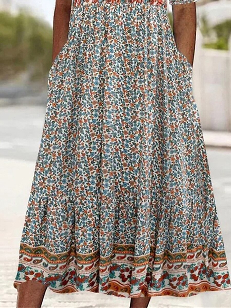 Női Midi ruha nyári ruha Boho ruha Pöttyös ruha Nyomtatott ruha Csehország Divat Modern Szabadtéri Vakáció Napi Normál Virágos Ditsy virágos Rövid ujjú Terített nyak Arcpír rózsaszín Sötétkék Nyár 2025 - $30.99 –P9