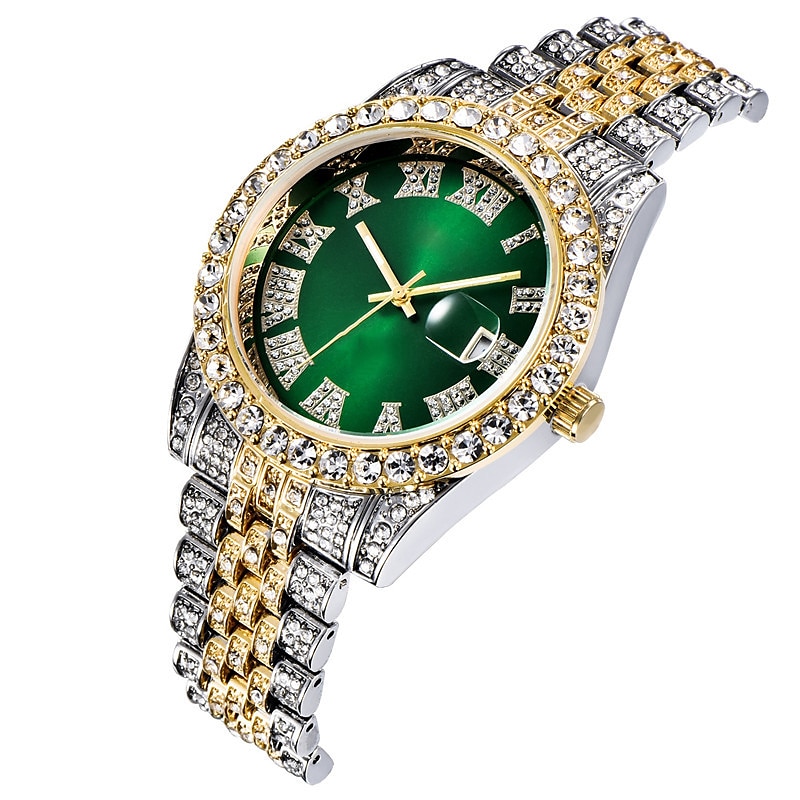 Men's Quartz Watch with Chain Bracelet Set Fashion Luxury Bling Diamond Hiphop Analog Men Quartz Wristwatch Calendar Waterproof Men's Watch 2025 - $19.99 –P5