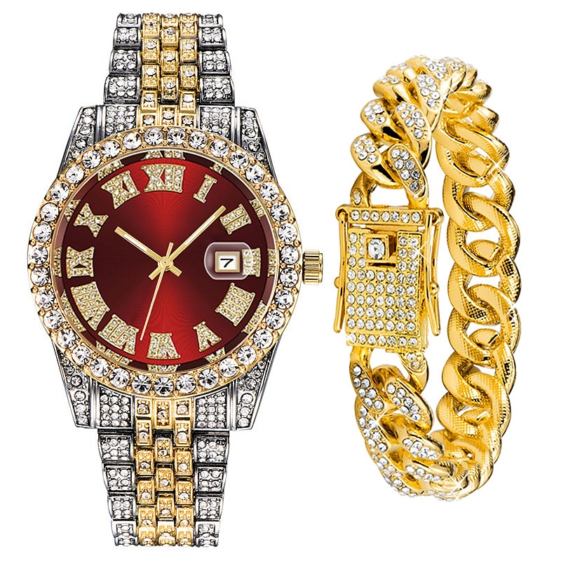 Men's Quartz Watch with Chain Bracelet Set Fashion Luxury Bling Diamond Hiphop Analog Men Quartz Wristwatch Calendar Waterproof Men's Watch 2025 - $19.99 –P7