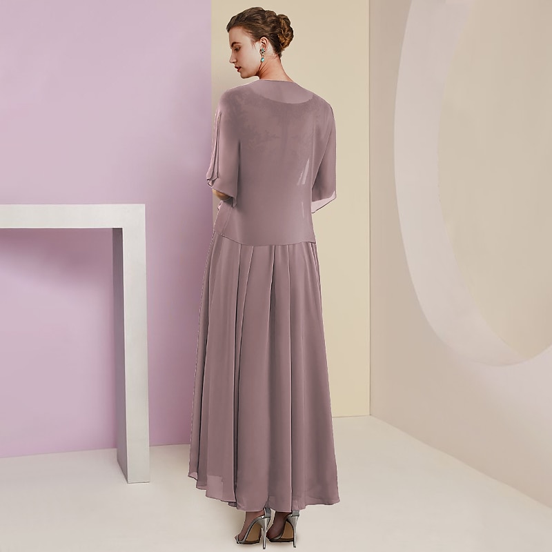 To Del A-Linje Mor til Bruden Kjole Formell Bryllups gjest Elegant V-Hals Te Lengde Chiffon Blonde Kort Erme Jakke Kjoler med Draperinger Applikasjoner gratis tilpasset størrelse 2025 - $150.99 –P3