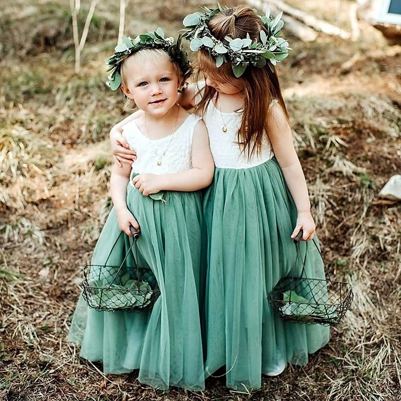 Blumenmädchenkleid Mädchen Party Kleid Leistung Hochzeit Party Prinzessin Süß Gitter Feste Farbe Ärmellos Rundhalsausschnitt Weiß Rosa 2-12 Jahre 2025 - $34.99 –P10