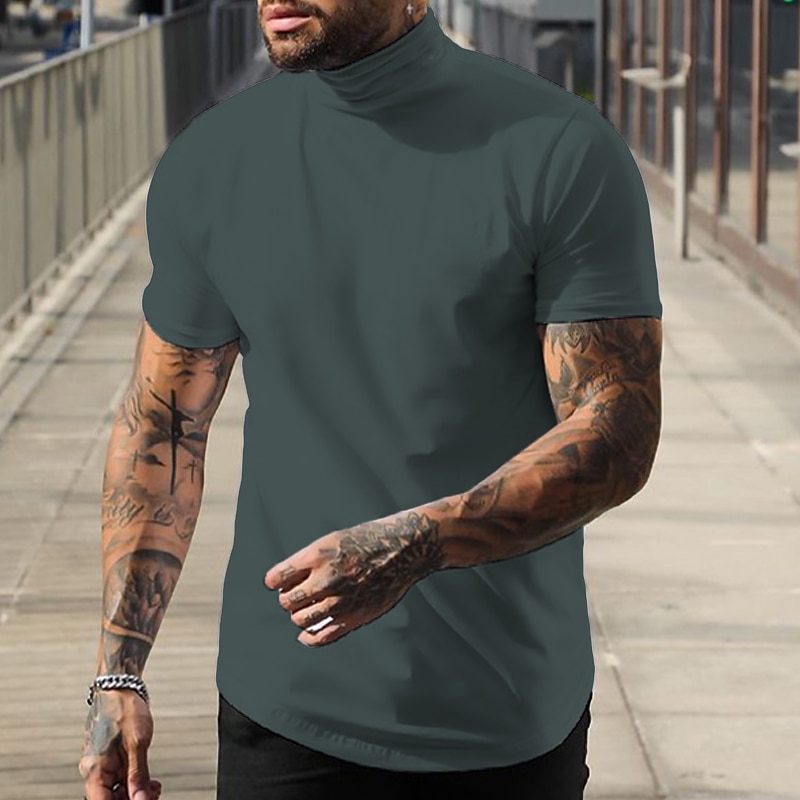 Men's T Shirt Mock Turtleneck Short Sleeve Turtleneck Summer Plain Fashion Casual Comfortable Street Holiday Beach Wine Black White Top Tee for Men 2025 - $17.99 –P6