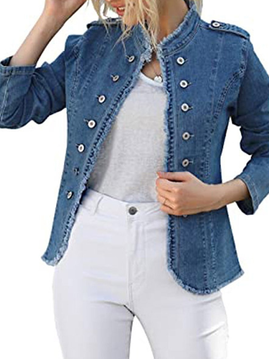 Women's Denim Jacket Outdoor clothing Button Plain Comfortable Streetwear Regular Fit Outerwear Long Sleeve Spring Blue S 2024 - $57.99 –P4