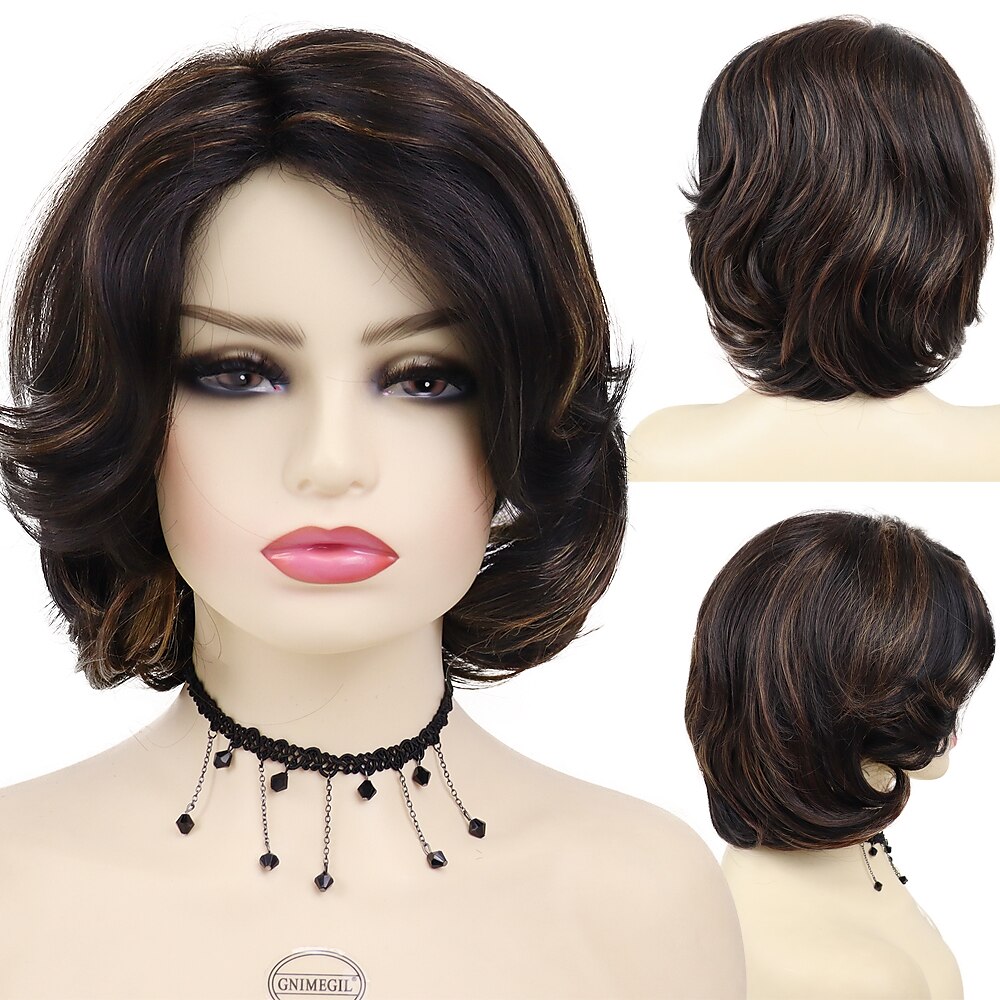 dames korte pruiken synthetisch haar mix bruin kapsel krullende pruiken bob mama pruik natuurlijke highlight pruiken met pony aan de zijkant 2025 - $21.99 –P10