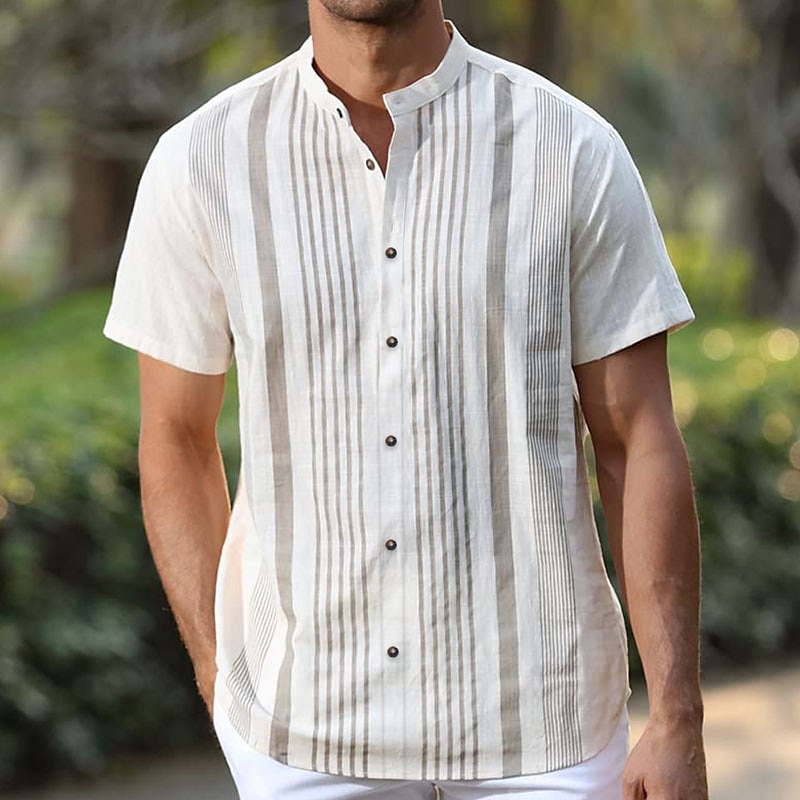 Men's Cotton Linen Shirt Chinese Collar Shirt Mandarin Collar Shirt Summer Shirt Casual Shirt Beach Shirt Stripe Vacation Casual Black White Light Blue Short Sleeve Grandad Collar Summer Clothing 2025 - $21.99 –P2